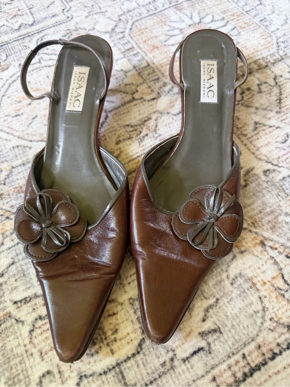 Isaac Mizrahi Brown Pointed Toe Slingback Mules with Flower Accent